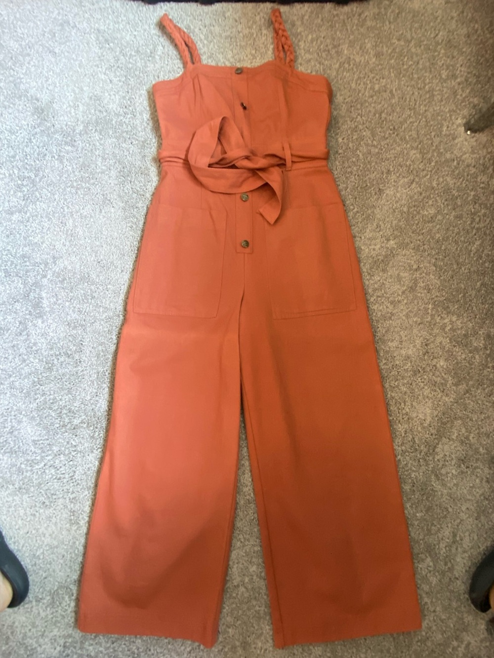 Storia Braided-Strap Rust Jumpsuit with Tie Waist